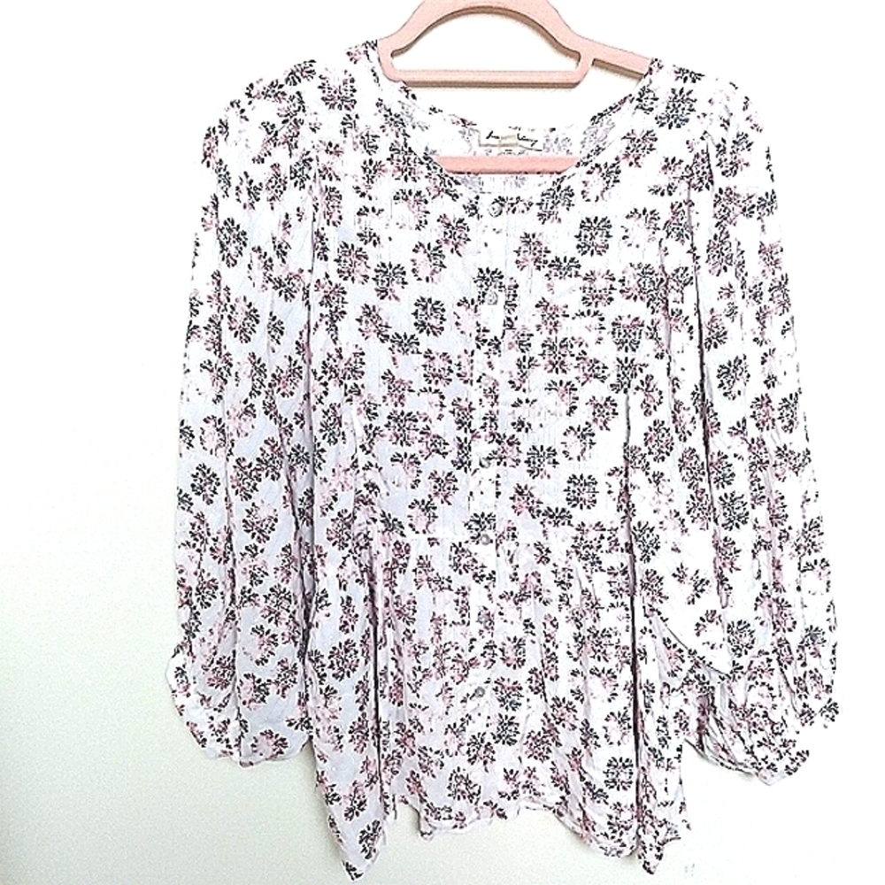 Jane and Delancey Floral Print Balloon Sleeve Button Front Blouse Size Medium